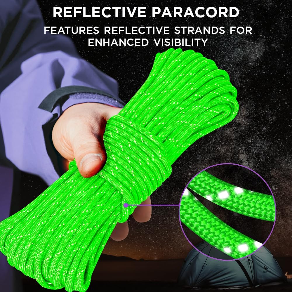 Reflective Paracord Rope 550lb 4mm – Glow para Cord – Camping Utility Rope | 550 Paracord Type III, 50ft to 1000ft, 40+ Colors, Glow in the Dark Utility Rope for Survival Hunting Camping Gear, Tent Cord