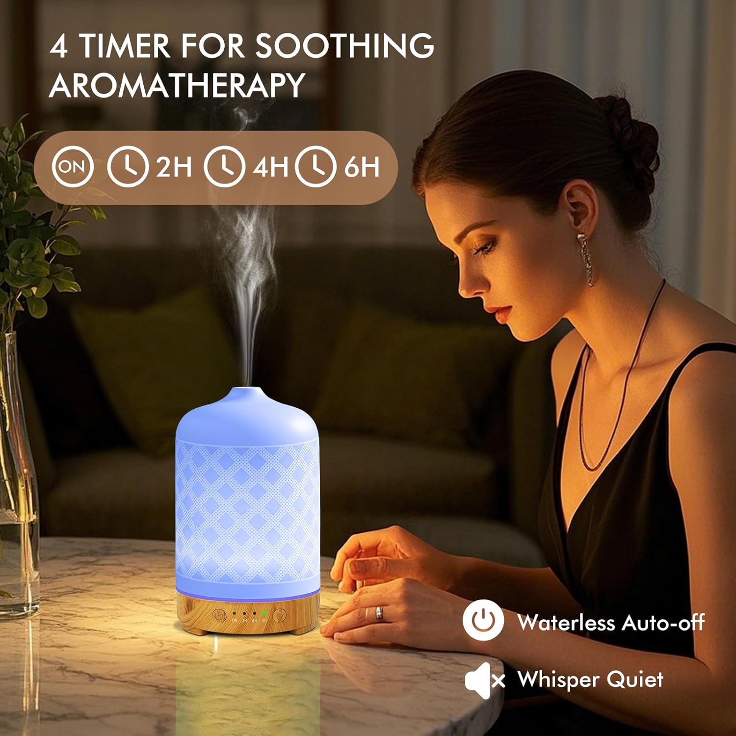 Essential Oil Diffuser 200ml-Ultrasonic Aroma Diffuser with 4 Timers, Aromatherapy Diffuser 7 Color LED Lights with Auto Shut-Off Protection for Home Office Yoga Valentine Gift (Ceramic White) - Image 4