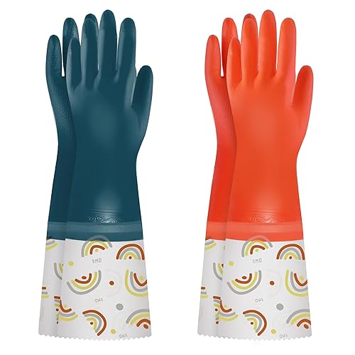 BOOMJOY Guantes de limpieza de PVC forrados, de puños largos, resistentes, reutilizables, grandes, para lavar platos, cocina, baño, jardinería,