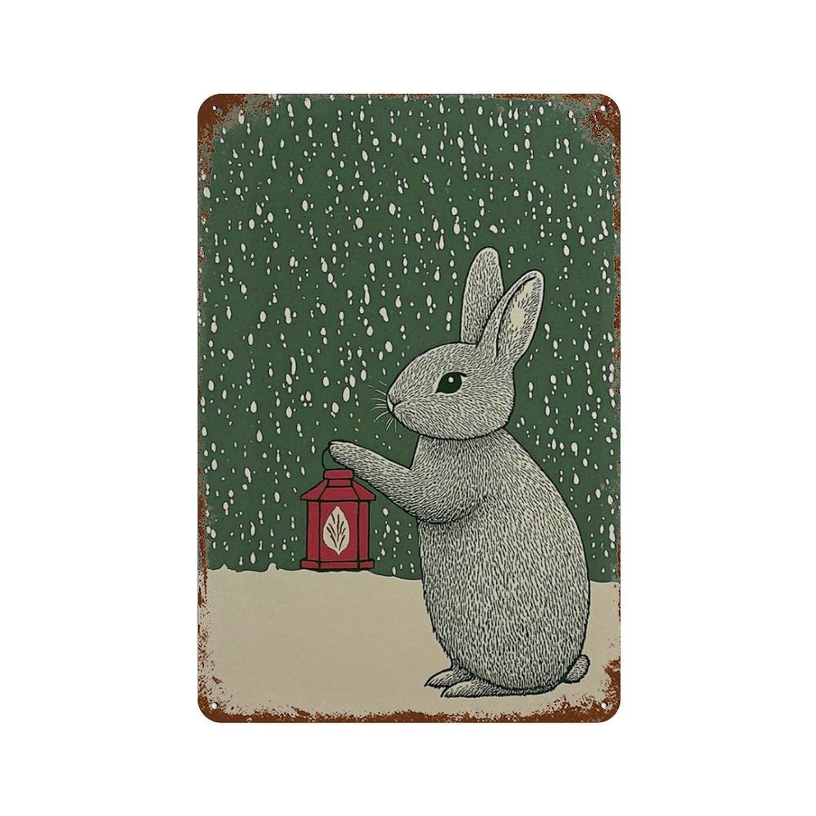 xiaoxiaoshen Rabbit Lantern Folk Animal Winter Woodland Minimal Nature Work Wall Decor Art Metal Tin Poster Modern Home Decor Art Home Bar Shop Decorations Vintage Sign 30x20cm