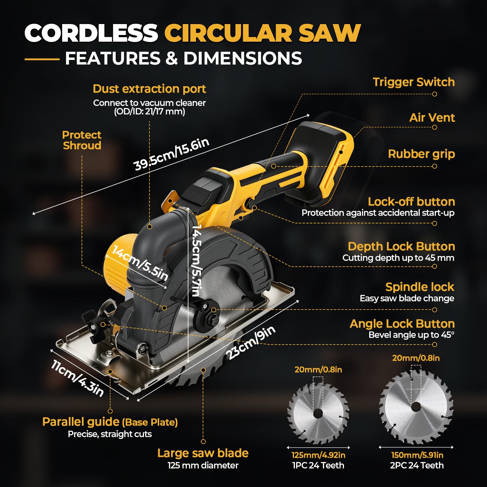 Scie circulaire sans fil de 15,2 cm compatible avec Dewalt 18/20 V, 6 300 tr/min sans balais avec 3 lames 150 mm et 125 mm, profondeur de coupe 50 mm, biseau de 0 à 45° pour coupe du bois, du