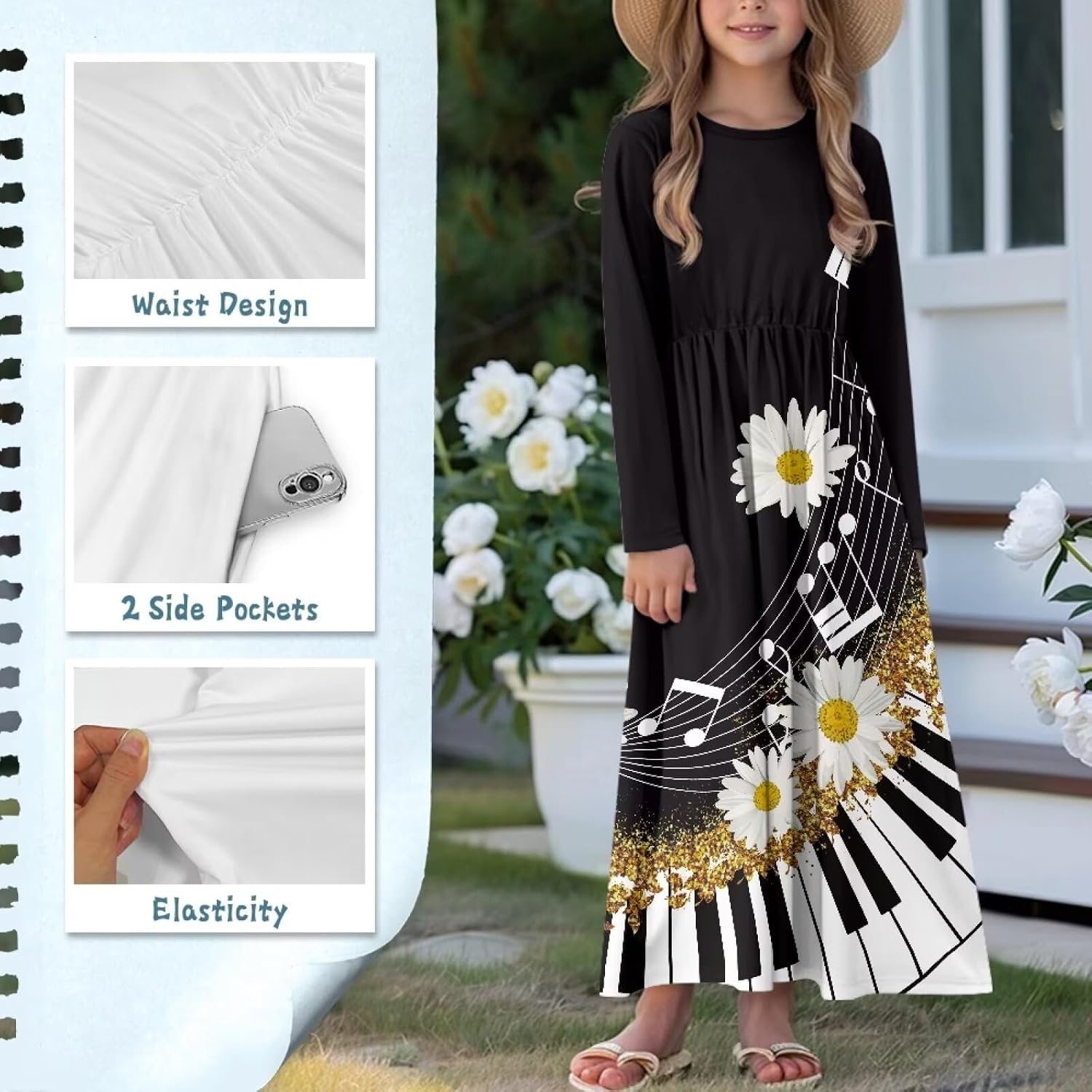 Long Maxi Dress for Girls 5t-14Year Holiday Dresses with Pockets Back to School