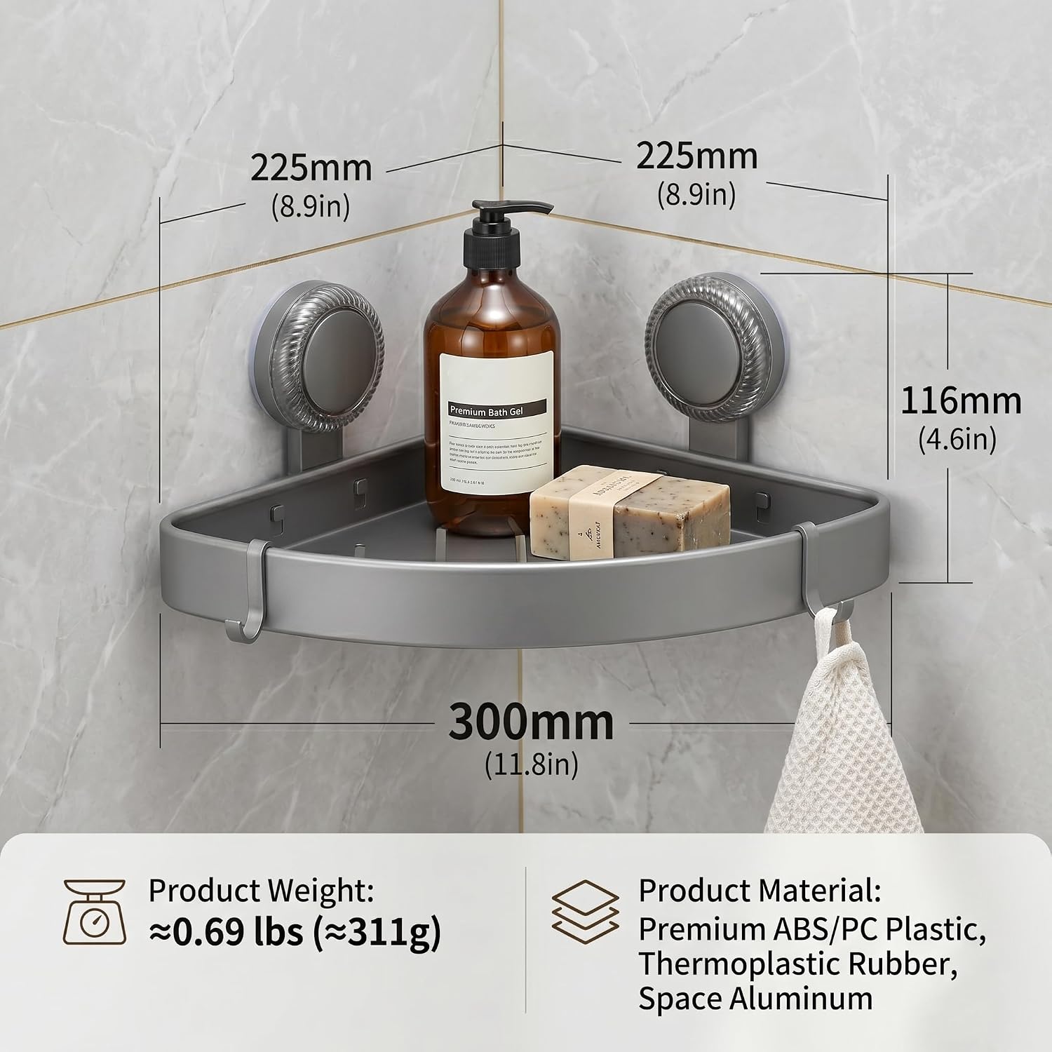 2 Pack Corner Shower Caddy Suction Cup, Space Aluminum No Drill Bathroom Organizer Shelves, Rustproof Triangle Corner Shower Shelf for Inside Shower, Damage-Free Removable Shampoo Holder