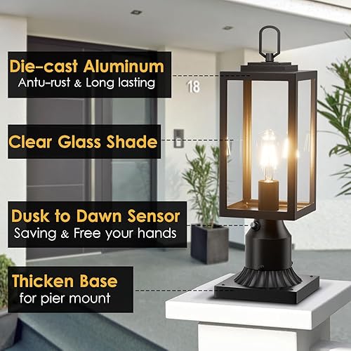 Miniatura 5 de Luz de poste al aire libre del atardecer al amanecer con base de montaje en muelle, paquete de 2 lámparas modernas, lámparas de poste de aluminio