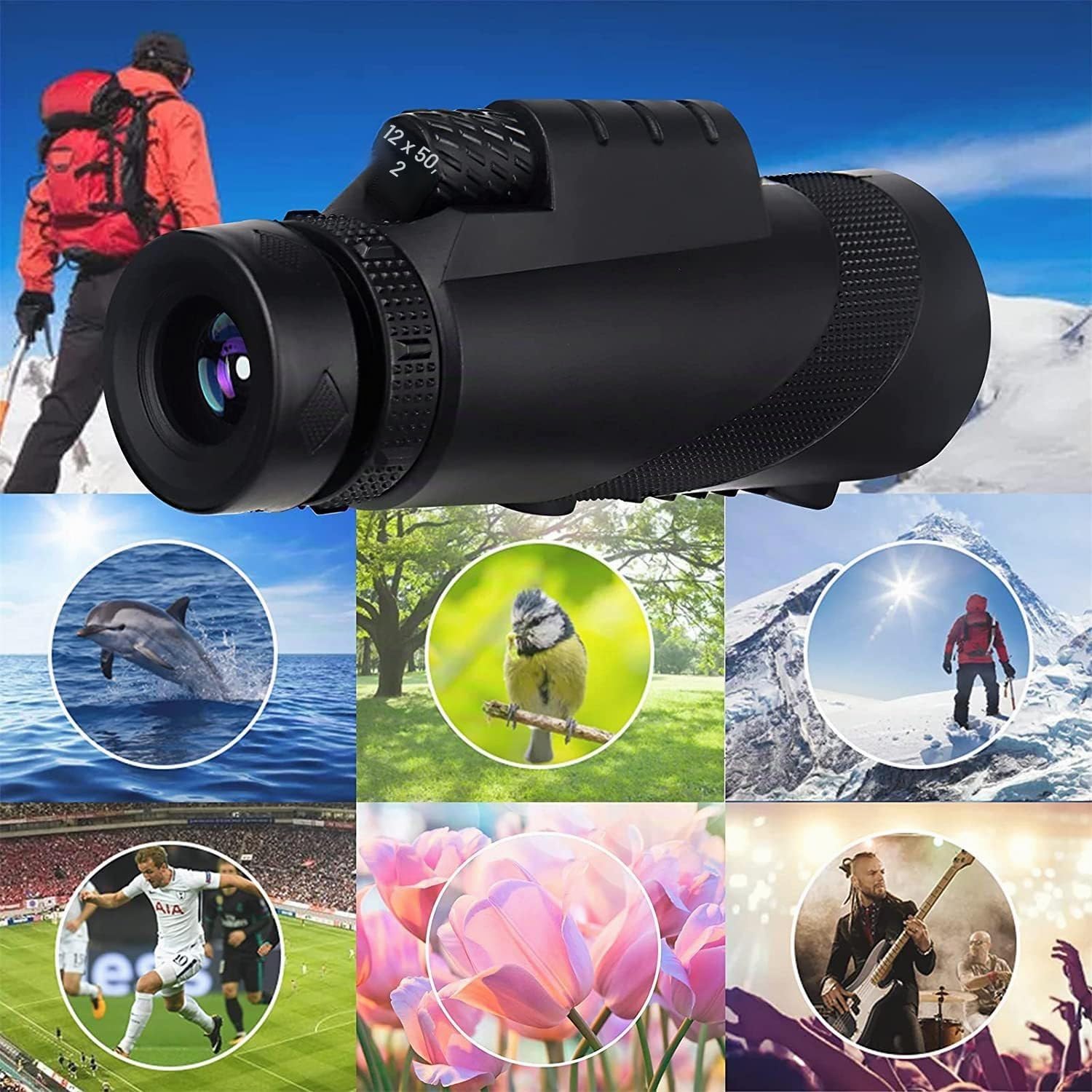 Monocular 12 x 50, Telescopio Monocular, Telescopio Monoculares de Largo Alcance, BAK4 Prisma y Lente FMC,monocular, para observación de Aves, Caza, Viajes, conciertos