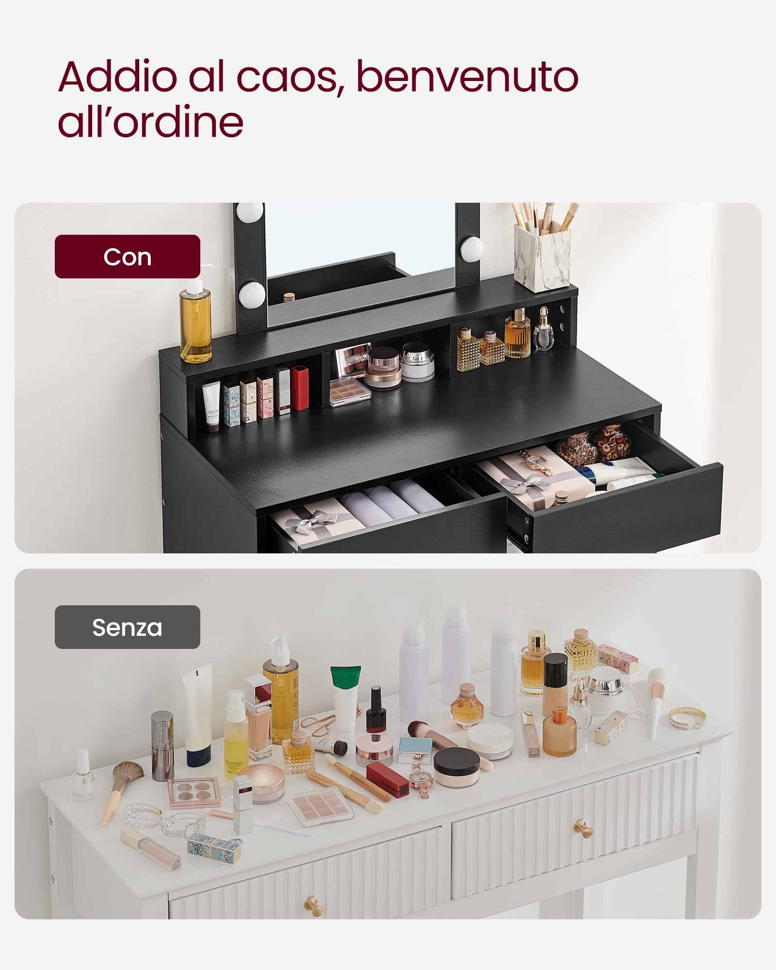 VASAGLE KAILYN Collezione - Toeletta, Luce LED con Luminosità Regolabile, Tavolo da Trucco con Specchio, 2 Cassetti e 3 Scomparti, Postazione Trucco, Moderno, Nero RDT114T16