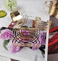 Vista 7 de 8 pulseras para mujer, pulseras de alambre ancho abierto, pulsera dorada