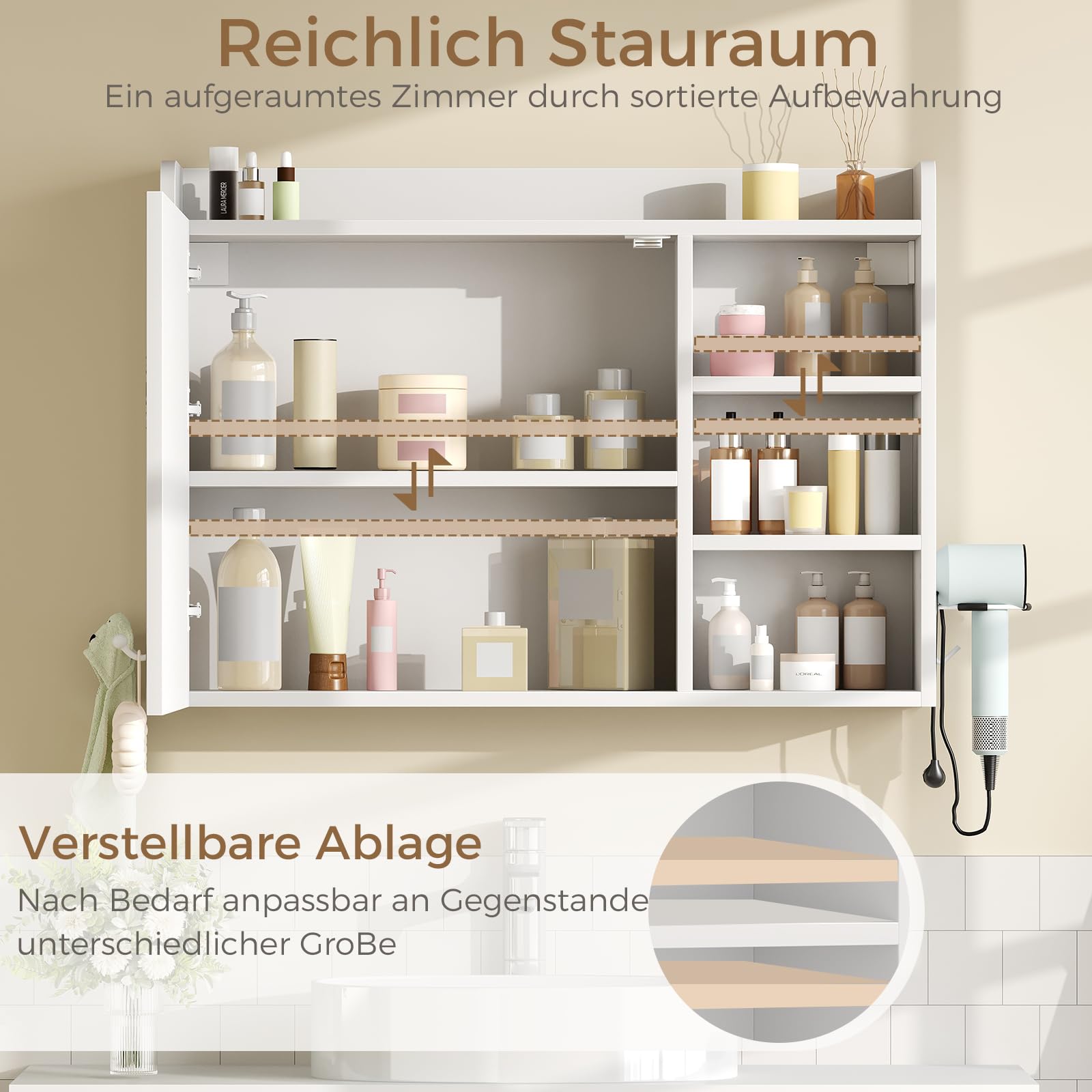 BEWISHOME Spiegelschrank Bad mit Beleuchtung,Badezimmer Spiegelschrank,Badezimmerschrank hängend mit 3 Farbtemperatur Dimmbare,verstellbare Ablagen und Föhnhalter Weiß 17.5 x 80 x 60 cm EYJG01W