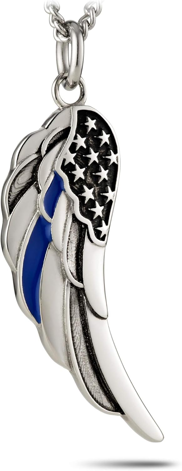 Stainless Steel Angel Wing Necklace with Thin Blue Line & Psalm 91:11 Inscription - Support Law Enforcement