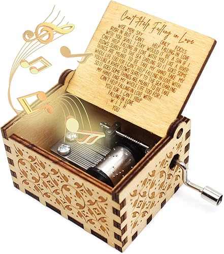 ukebobo Caja de música de madera Can't Help Falling in Love Palabras de canción, caja de música para el amante o novio, regalos del día de San