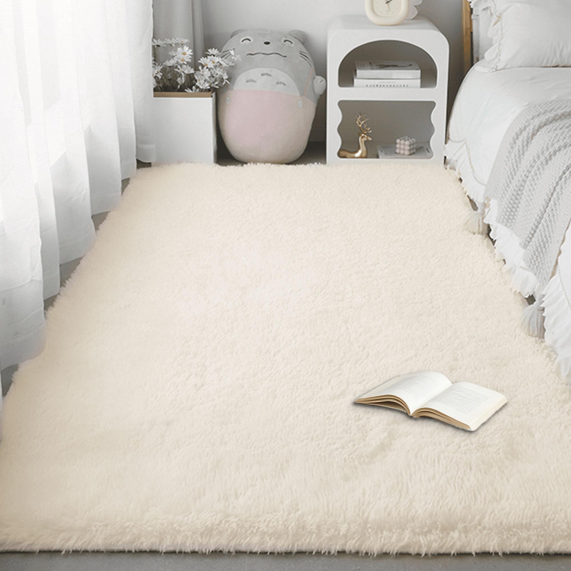 Tapis chambre 200 x 390 cm moelleux couleur crème à poils longs pour salon et grands espaces