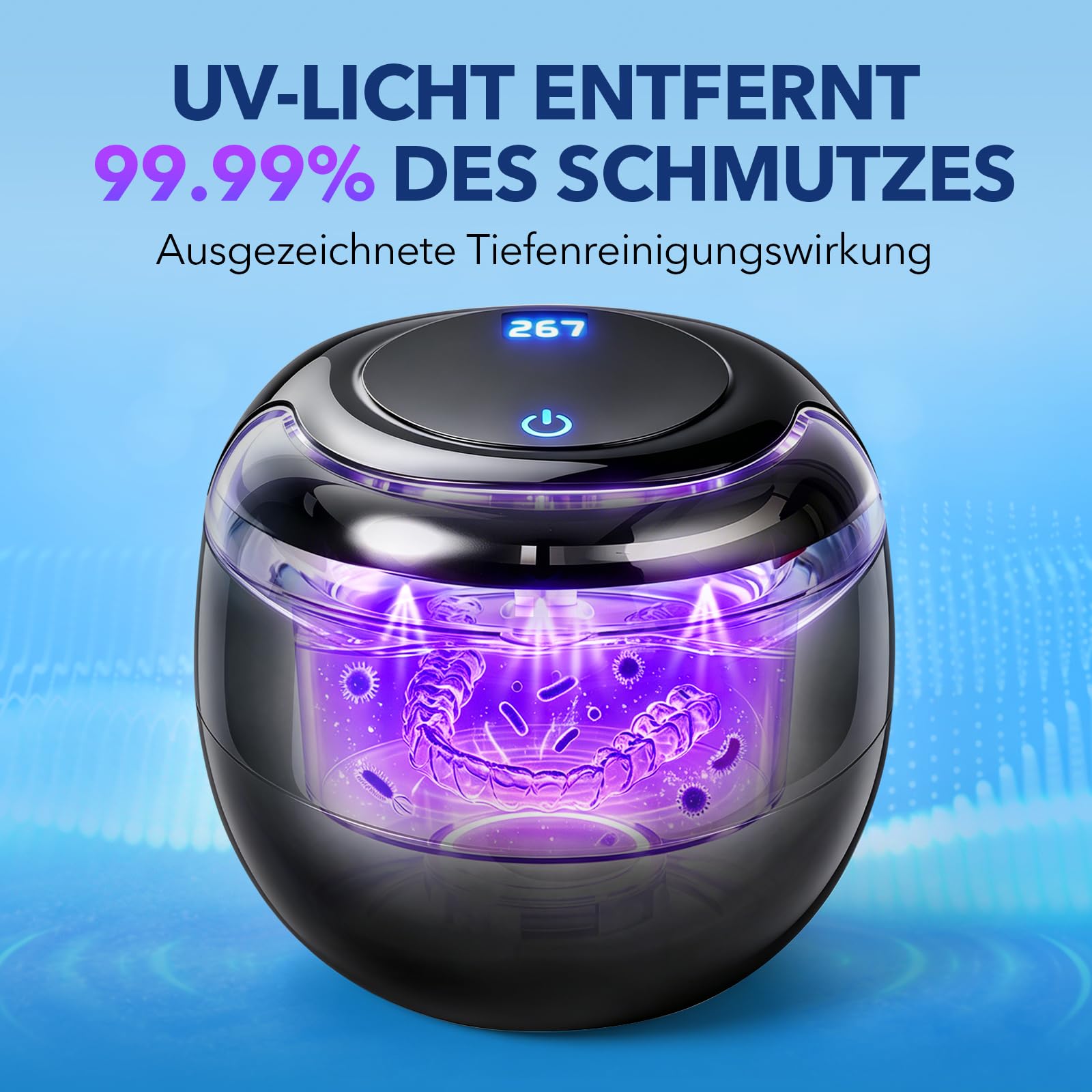 Ultraschallreinigungsgerät 45kHz, Ultraschallreiniger mit UV Licht für Gebiss Zahnersatz Zahnspange Retainer Aligner | 200ml Reinigungstank, Schmuckreiniger für Schmuck Uhren Brillen, 4 Modi Tiefenreinigung