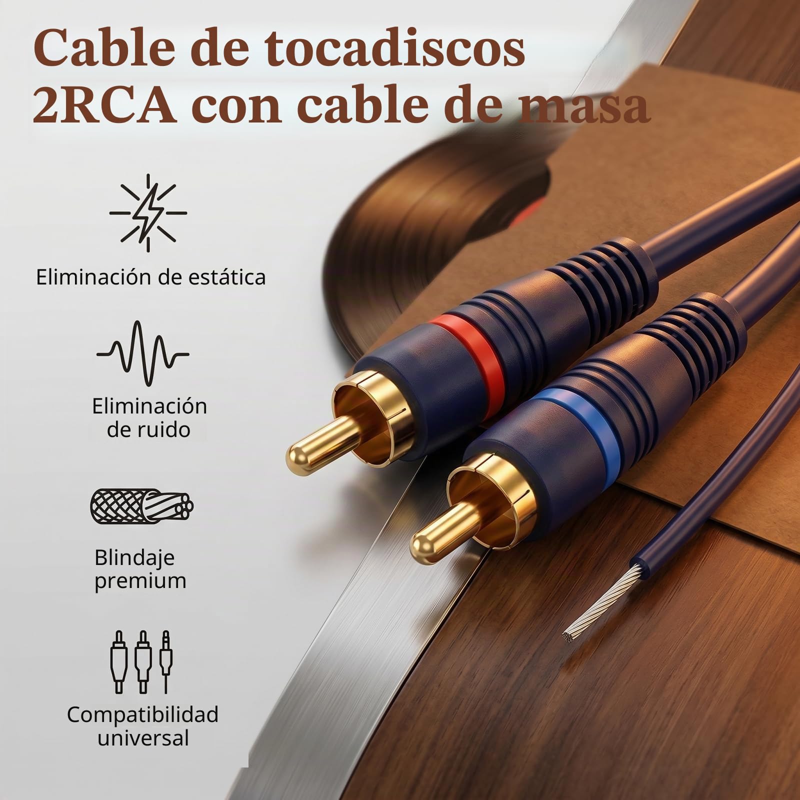 Ullnosoo Cable giratorio de 10 pies, chapado en oro 2RCA macho a 2RCA macho con cable de tierra, cable de interconexión estéreo para tocadiscos, preamplificador, reproductor de discos, amplificador