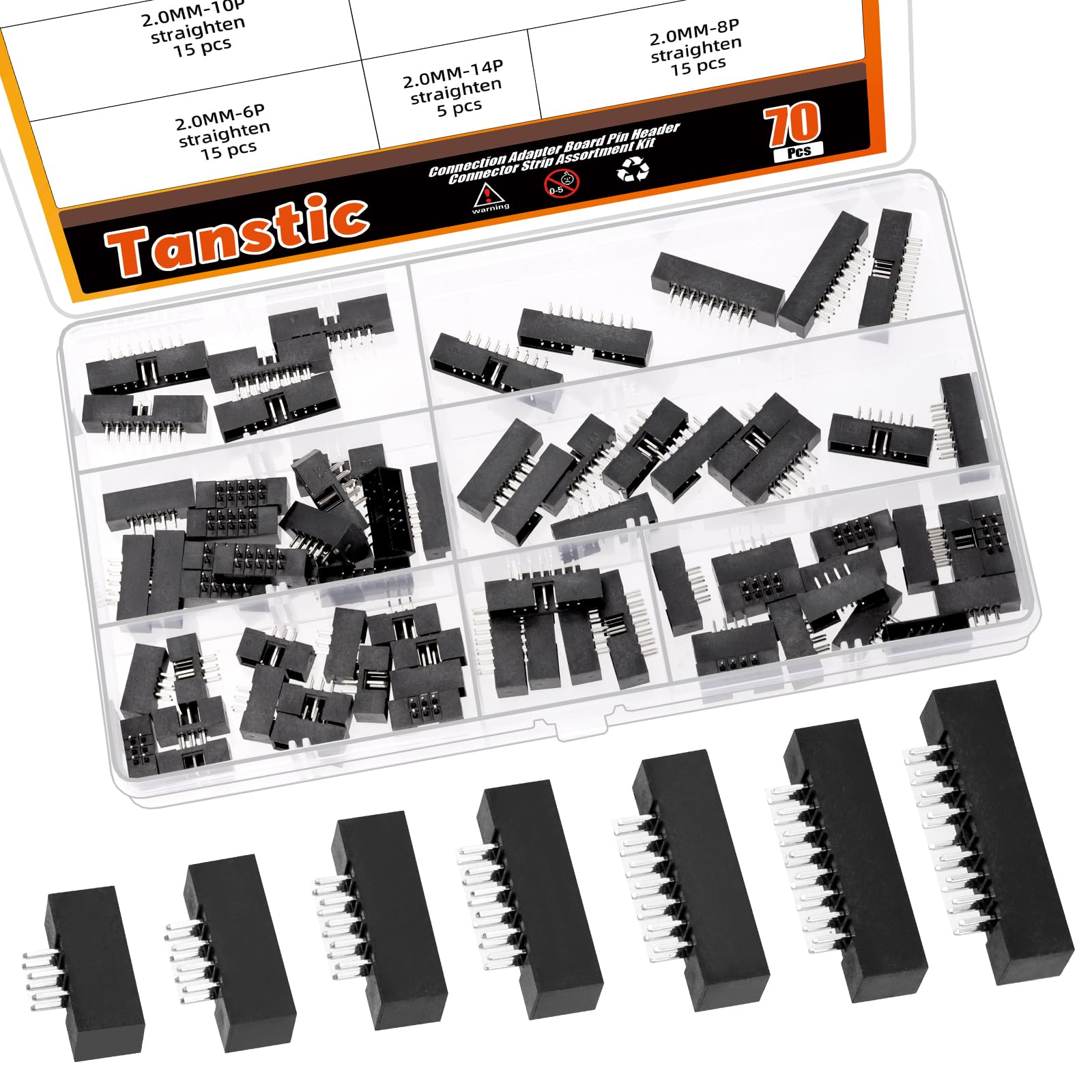 Tanstic 70 Stück 2,0 mm Raster 6-18-polige gerade Box-Header, zweireihiger Box-Header-Steckverbinder PCB-Header IDC-Steckbuchse für Leiterplatten