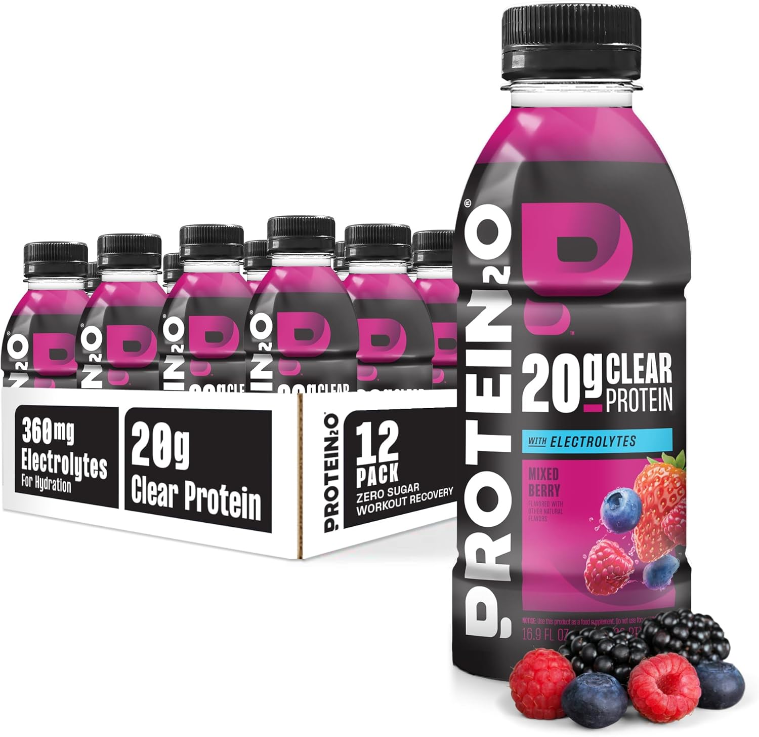 Protein2o Hydration Drink - 2-in-1 Liquid Clear Whey Protein Isolate and Electrolyte Drink - 20g Protein, Vitamins B5, B6 - Post-Workout Recovery - 16.9 Fl Oz - 12 Count Mixed Berry