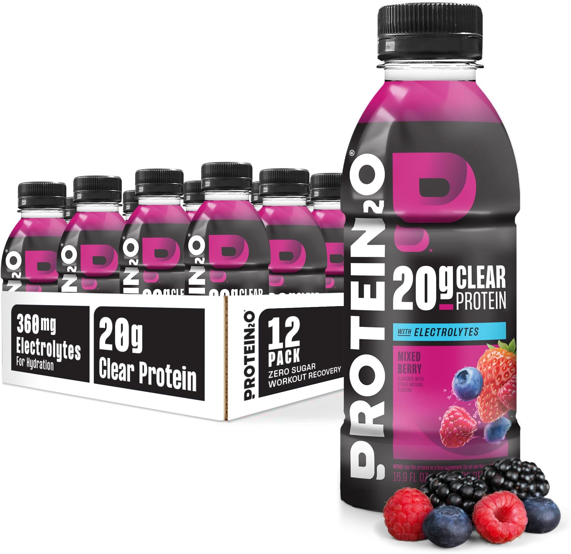 Hydration Drink - 2-in-1 Liquid Clear Whey Protein Isolate and Electrolyte Drink - 20g Protein, Vitamins B5, B6 - Post-Workout Recovery - 16.9 Fl Oz - 12 Count Mixed Berry