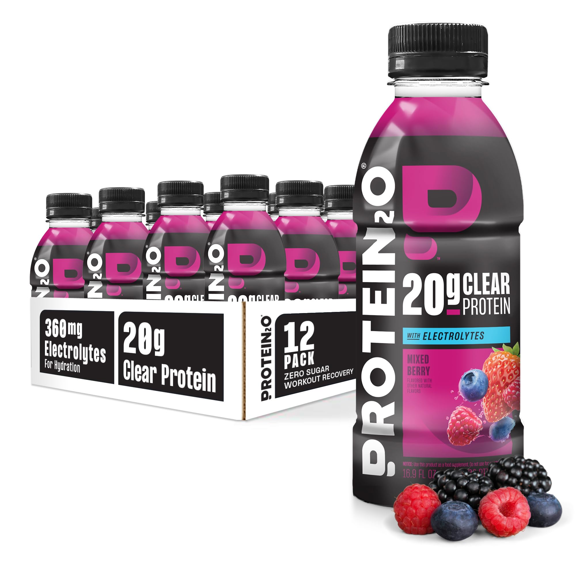 Hydration Drink - 2-in-1 Liquid Clear Whey Protein Isolate and Electrolyte Drink - 20g Protein, Vitamins B5, B6 - Post-Workout Recovery - 16.9 Fl Oz - 12 Count Mixed Berry