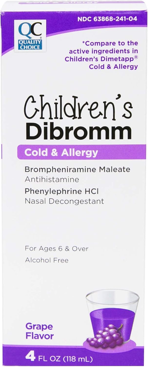 Quality Choice Children's Dibromm Cold & Allergy Liquid, Grape Flavor, 4 oz. Antihistamine & Decongestant for Kids Relieves Sneezing, Runny Nose, Itchy Eyes & Nasal Congestion, Pack of 8
