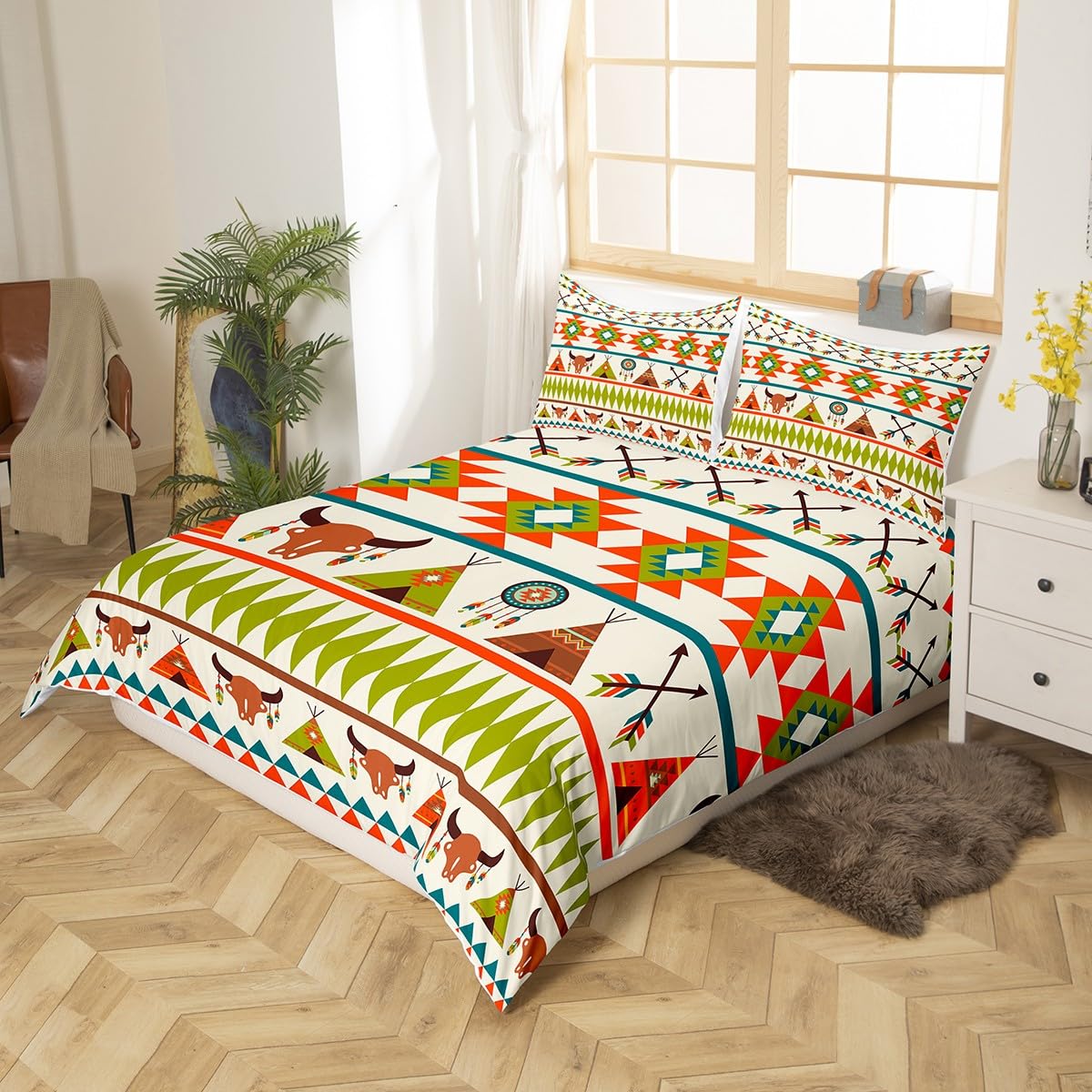 Set Copripiumino Queen 100% Cotone - Motivo Geometrico Sudoccidentale Stile Tribale, Marrone, Con 2 Federe, Biancheria Da Letto Per Camera Da Letto - 2