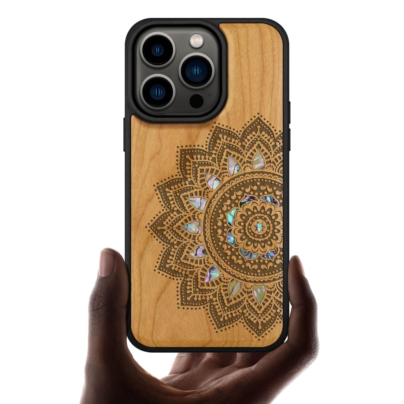 Carveit Designer Wooden Protective Magnetic Case for iPhone 14 Pro Case [Wood Engraving & Shell Inlay] Compatible with 14 Pro MagSafe (Mandala