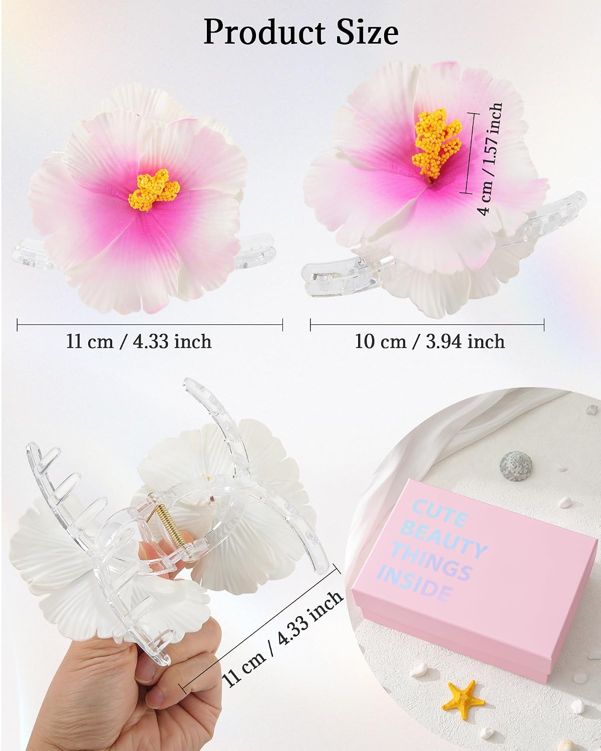 Molans Hawaiian Flower Hair Clips for Women - 3Pcs Artificial Flower Head Claws, Plumeria Hibiscus Hairclip for Wedding Beach Party, Cute Summers Tropical Flowers Clip for Thick Hair