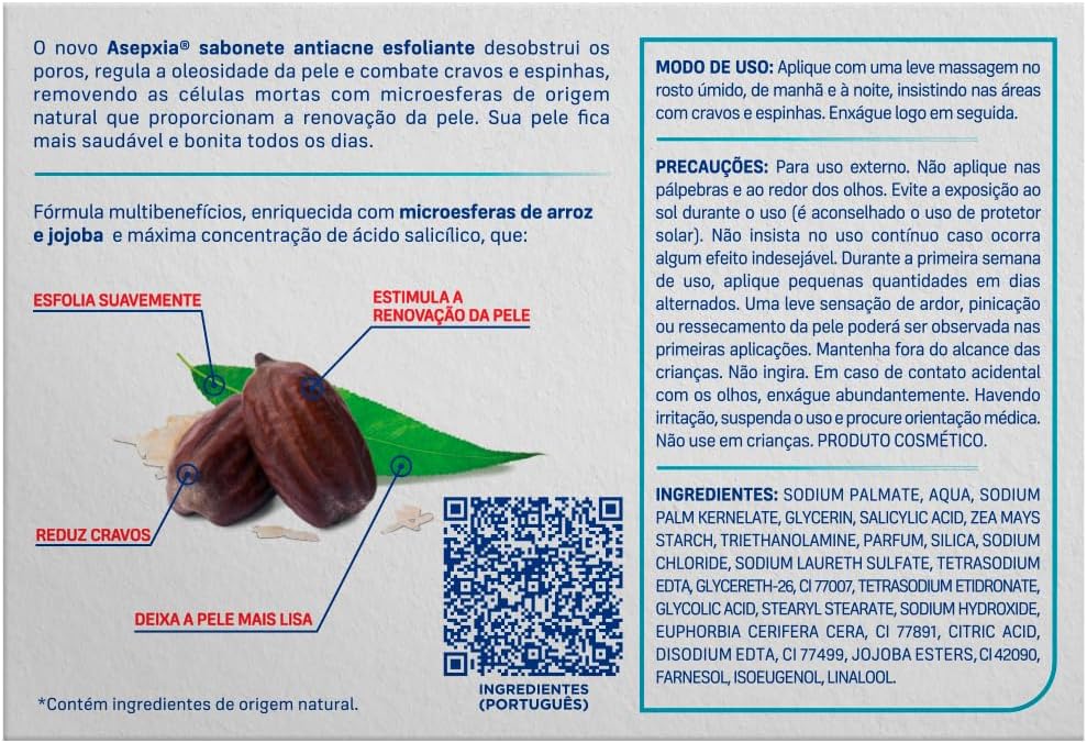 Asepxia Sabonete Esfoliante 80g — Limpeza Profunda com Microesferas Naturais | Remove Cravos e Oleosidade | Esfoliação Suave para Peles Mistas e Oleosas
