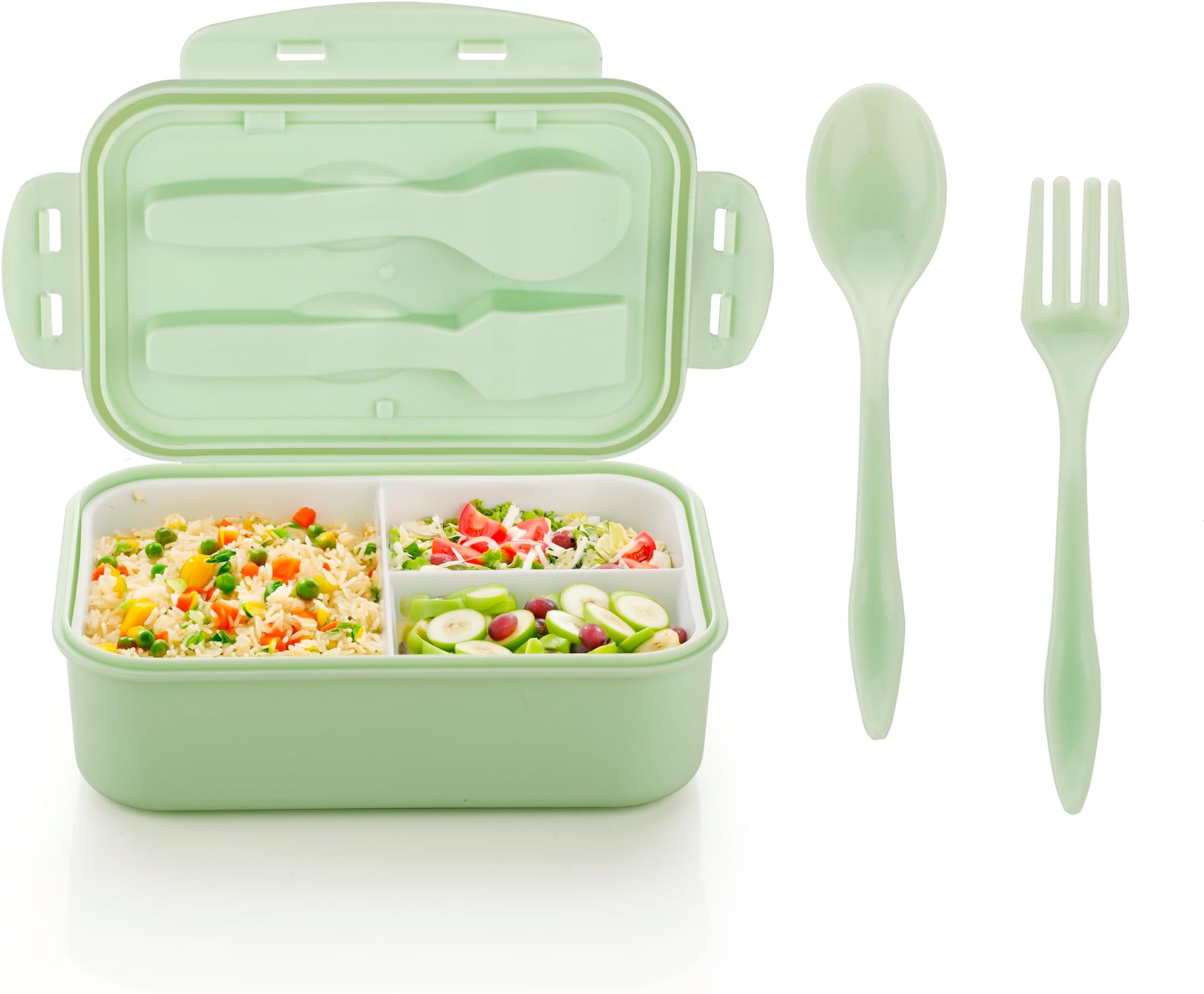 ATTRO Carbon Lunch Box with 3 Compartment, Stylish lid & 2 Spoons Made with Heavy Plastic BPA Free Food Grade Perfect for School Kids, College & Outdoor 1100ml - Assorted