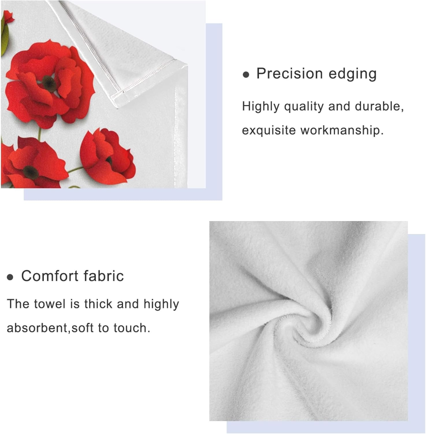 Naanle 3-Piece Towel Set,Pretty Red Poppy Flower Bath Towel Sets, 1 Bath Towel, 1 Hand Towel, 1 Washcloth, Poppy Paper Design Floral Print Absorbent Soft Towels Quick Drying for Bathroom