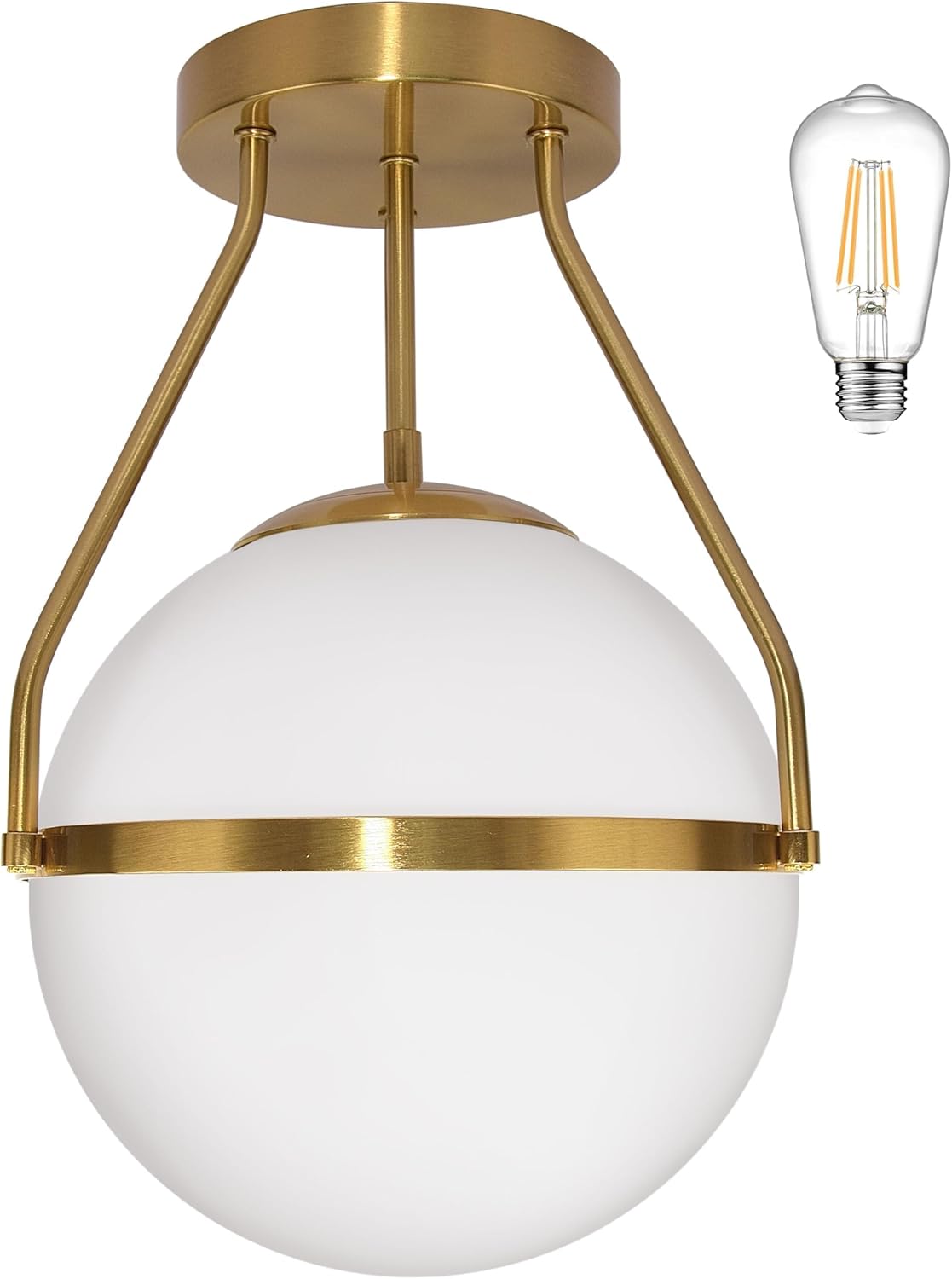 9.8" Modern Semi Flush Mount Ceiling Light Fixture Mid Century Ceiling Light Globe Ceiling Light Fixture with Milk Glass Shade Brass Finish for Kitchen Island Hallway Living Room (Bulb Incl.) Gold 9.8 inch