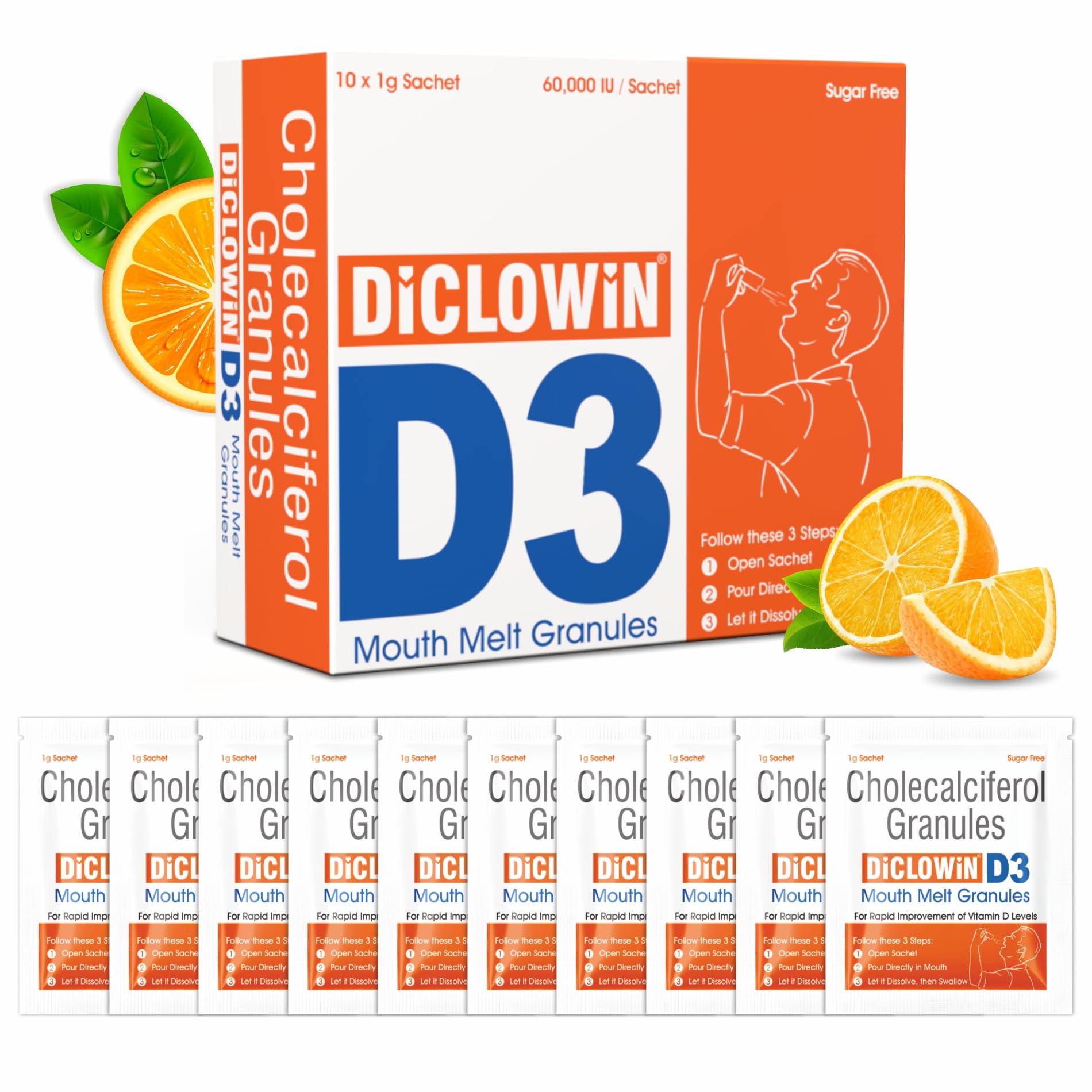 Diclowin D3 Mouth Melt Granules | 10 Sachets (1g Each) | 60,000 IU Vitamin D3 | Sugar-Free | Fast Melt Granules for Bones, Muscles Strength & Immunity-image-33