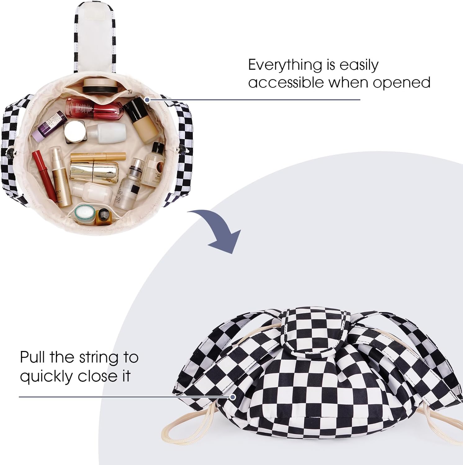 Narwey Barrel Drawstring Checkered Makeup Bag Large Cosmetic Bag Make up Bags Toiletry Bag Travel Bags for Toiletries Organizer for Women Gift for Teen Girls (Black Checkerboard) (Patent) - Image 3