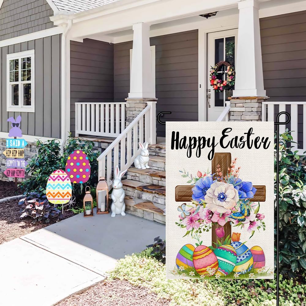 Happy Easter Garden Flag Burlap 12x18 Inch Double Sided Outside, Christian Religious Cross Sign Small Flags Yard Outdoor Decoration DF707 - Image 3