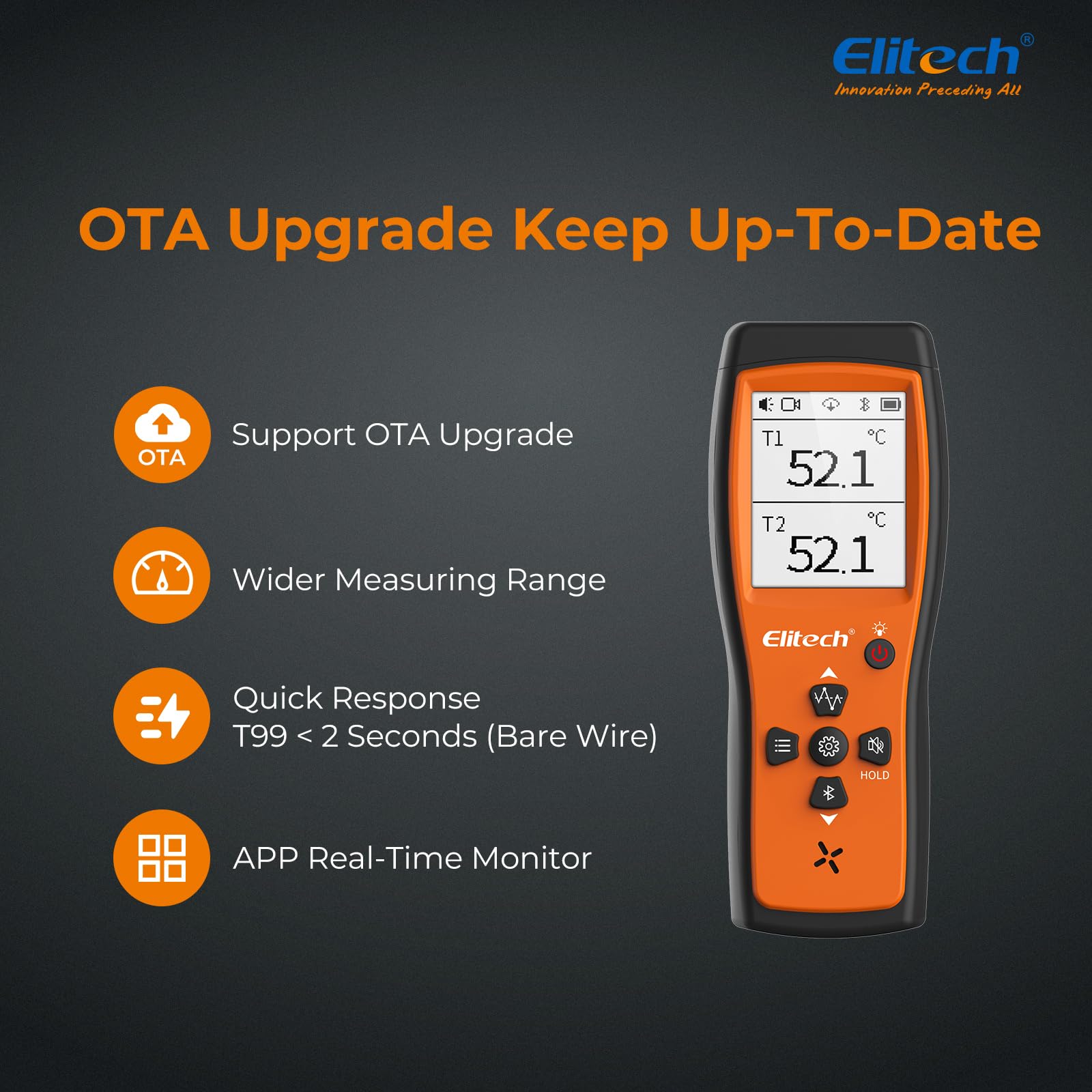 Elitech Termómetro digital de termopar tipo K/T/J/E de alta precisión, termómetro HVAC de doble canal con alarma, medidor de temperatura -200 °C a 1372 °C con aplicación, ICT-220S