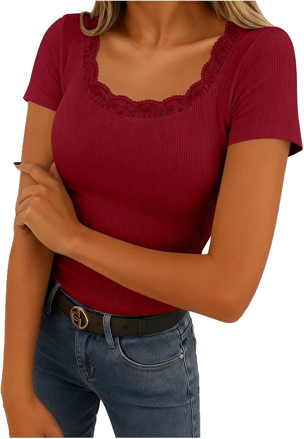 Womens Short Sleeve Knit Top, Casual U Neck Lace Trim Blouse | Fitted, Solid Color, Lightweight Breathable, for Summer Outdoor Hiking, Lace Detail Blouse