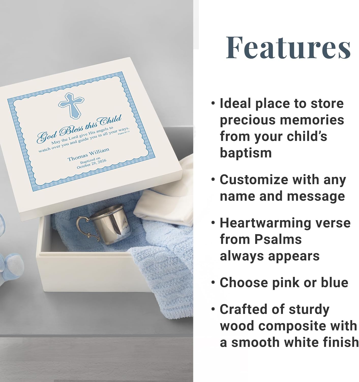 Let's Make Memories Personalized Keepsake Box for Blessed Child - Memories Box - Baptism - Confirmation - Memento Storage - For Boys - 6" Hx12 Sq - God Bless - Blue - Image 5