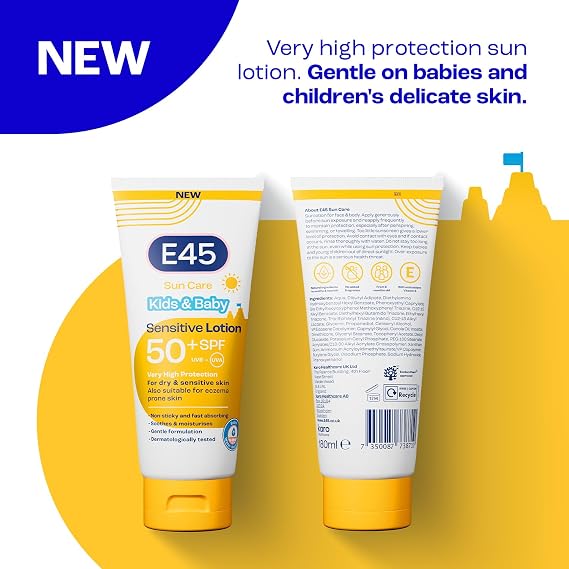 E45 Kids & Baby Sun Lotion for Sensitive Skin SPF 50+. Face & Body Gentle Sun Cream with UVA & UVB Protection with Avocado Oil. For Dry Sensitive Skin and Eczema Prone Skin -180 ml