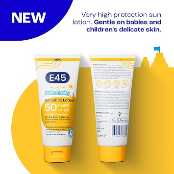 E45 Kids & Baby Sun Lotion for Sensitive Skin SPF 50+. Face & Body Gentle Sun Cream with UVA & UVB Protection with Avocado Oil. For Dry Sensitive Skin and Eczema Prone Skin -180 ml