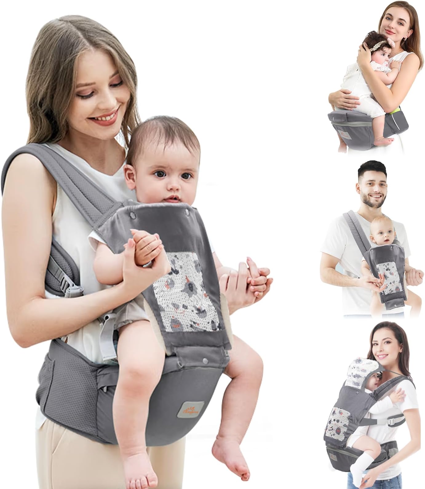 Baby Carrier Newborn To Toddler,Ergonomic 6-In-1 Baby Carrier With Hip Seat Complete All Seasons,Adjustable&Removable Baby Holder Backpack With Baby Hood 0-36 Months(Grey)