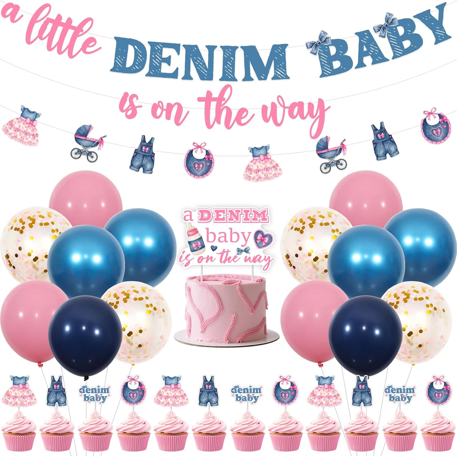 Denim Baby Shower Decorations Pink, A Little Denim Baby Is On The Way Banner and Garland Set with Cake Topper, 12 Cupcake Toppers and Balloons, Western Baby Shower Decor for Girls