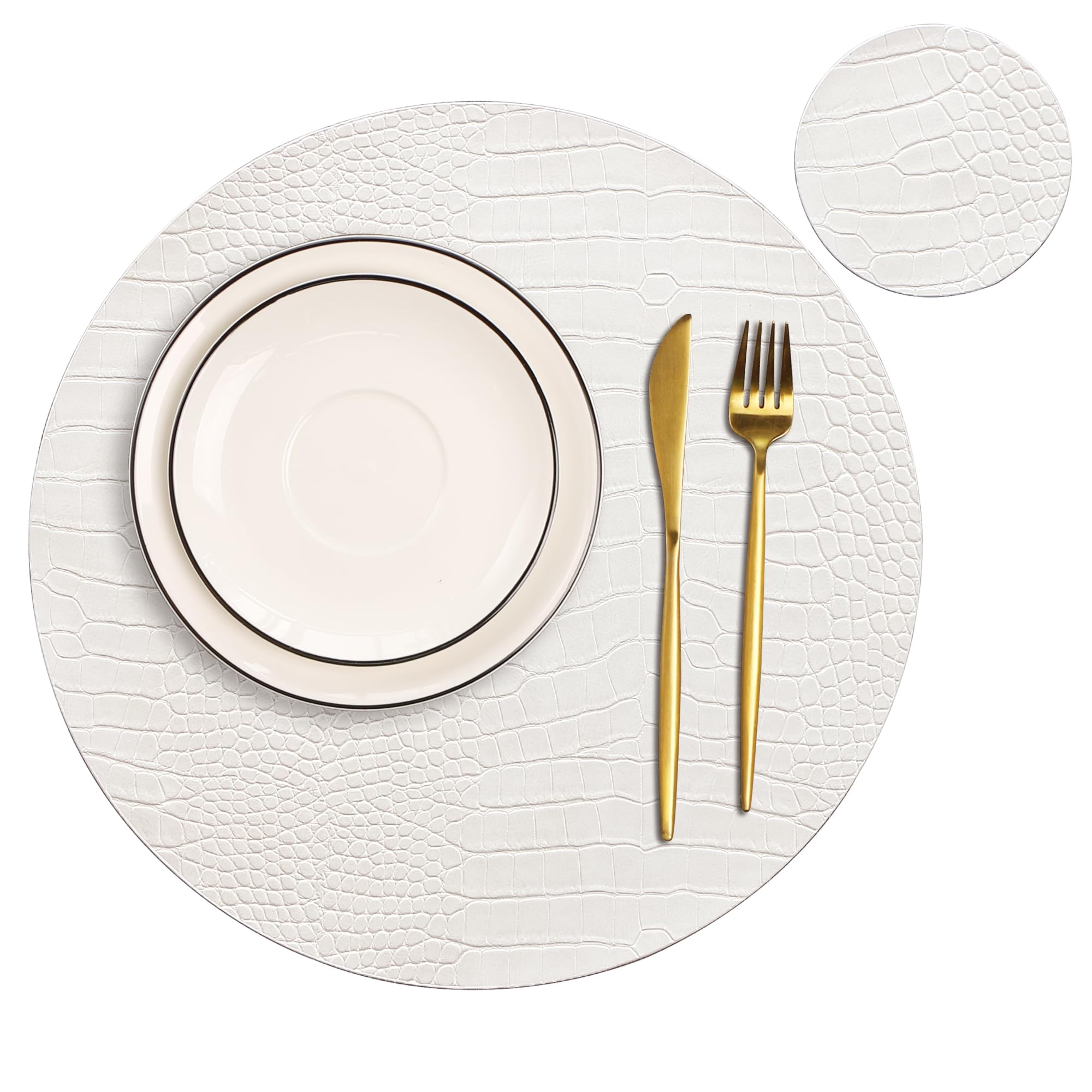 Lot de 4 sets de table ronds en cuir pour tables rondes, blanc, faciles à entretenir, pour décoration intérieure, 33 cm de diamètre