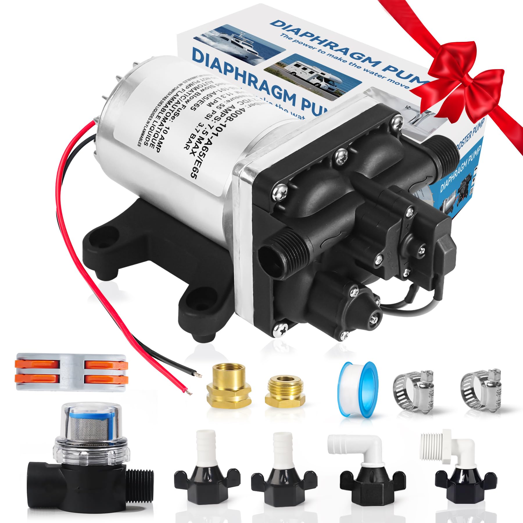 12V RV Water Pump 4008-101-A65/E65 | 3.0 GPM - 55 PSI | Camper RV Water Pump | Self-Priming & Quiet Diaphragm Pump | Thermal Protection & Dry Run Safe