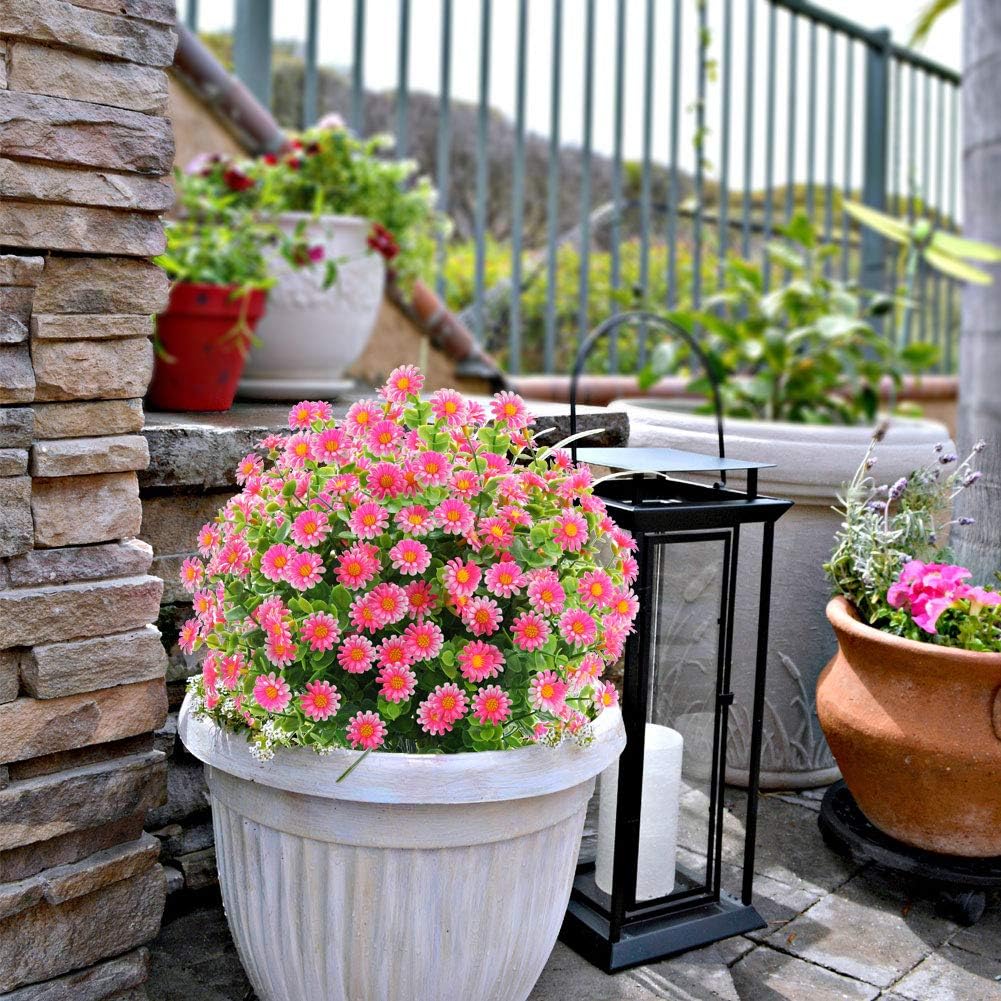 GREENRAIN 18 Bundles Artificial Daisy Flowers Outdoor Fake Flowers for Decoration No Fade Faux Plastic Flower Garden Porch Window Box Décor (Pink)
