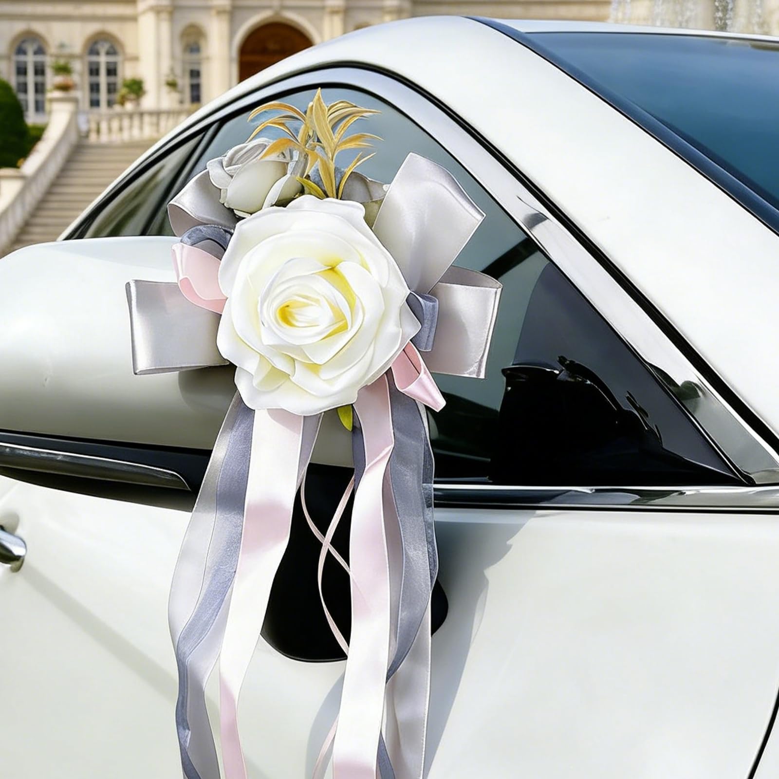 DBREAKS 4 Piezas de decoración para Coches de Boda, Floral para manillas de Puertas de Coches, Rosa Blanca Artificial con ventosas, para retrovisores
