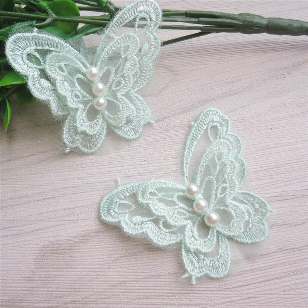 50pcs 3D Butterfly Pearl Organza Polyester Lace Trimmings Embroidered Lace Ribbon Fabric Vintage Embroidery Applique Sewing Craft Patchwork Handmade DIY Wedding Dress Clothes Decoration (Green)