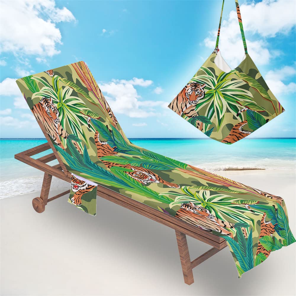 RRrawgff Beach Chair Cover Towel Classic Argyle Diamond Check Beach Towel Lounger Bags with Pockets, Fitted Microfiber Sunbed Towels Summer Outdoor Sun Lounger Towels (73x210cm,Big Tiger)