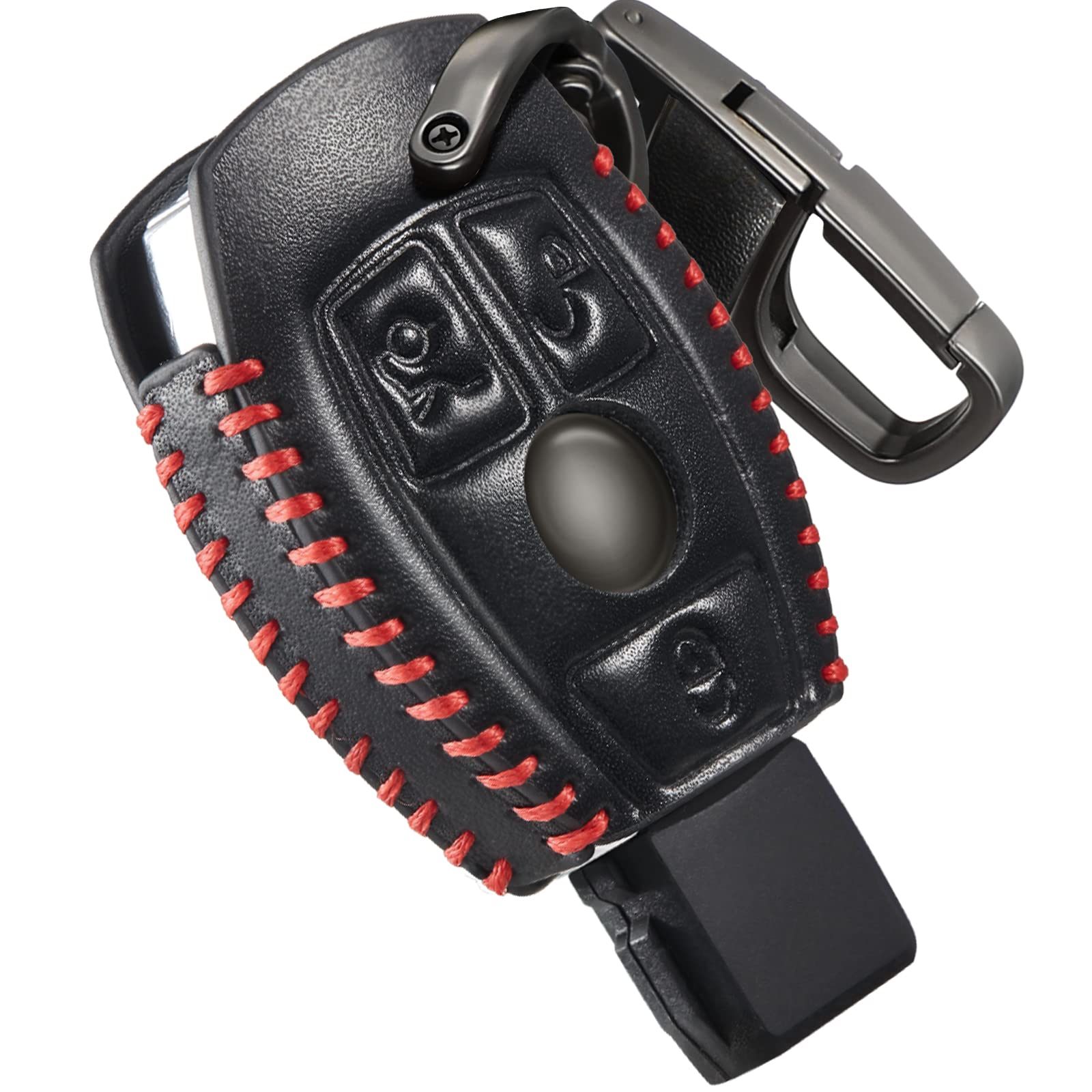 Slohif Key Fob Cover Keychain Accessories for Benz for Mercedes A C E S Class GLK CLA GLA GLC GLE CLS SLK AMG E260l C200l 3 Buttons, Leather Case+D-Ring+Hook(Black)