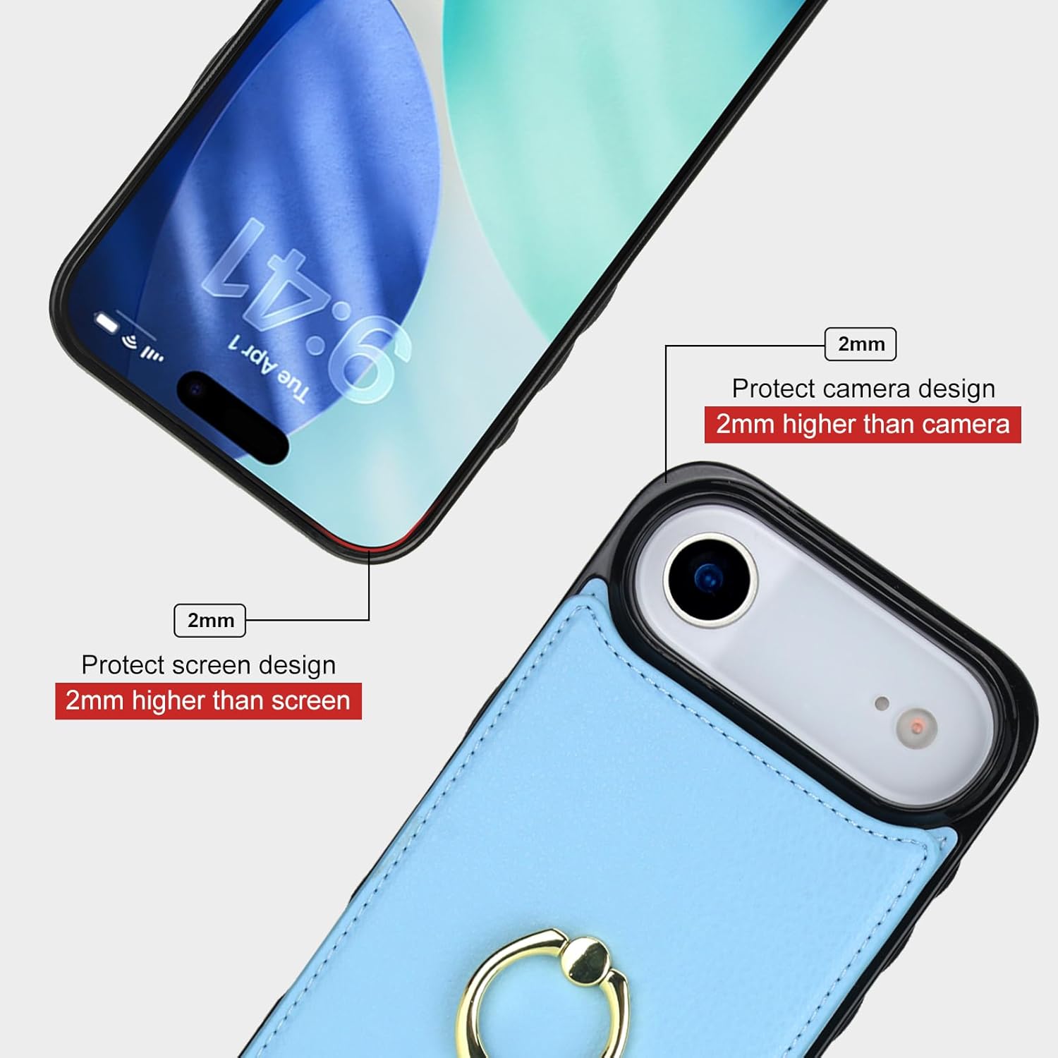 Folosu Compatible with iPhone 17 Air Case Wallet with Card Holder, 360°Rotation Finger Ring Holder Kickstand, RFID Blocking Leather Protective Double Buttons Shockproof Cover 6.5 Inch Blue