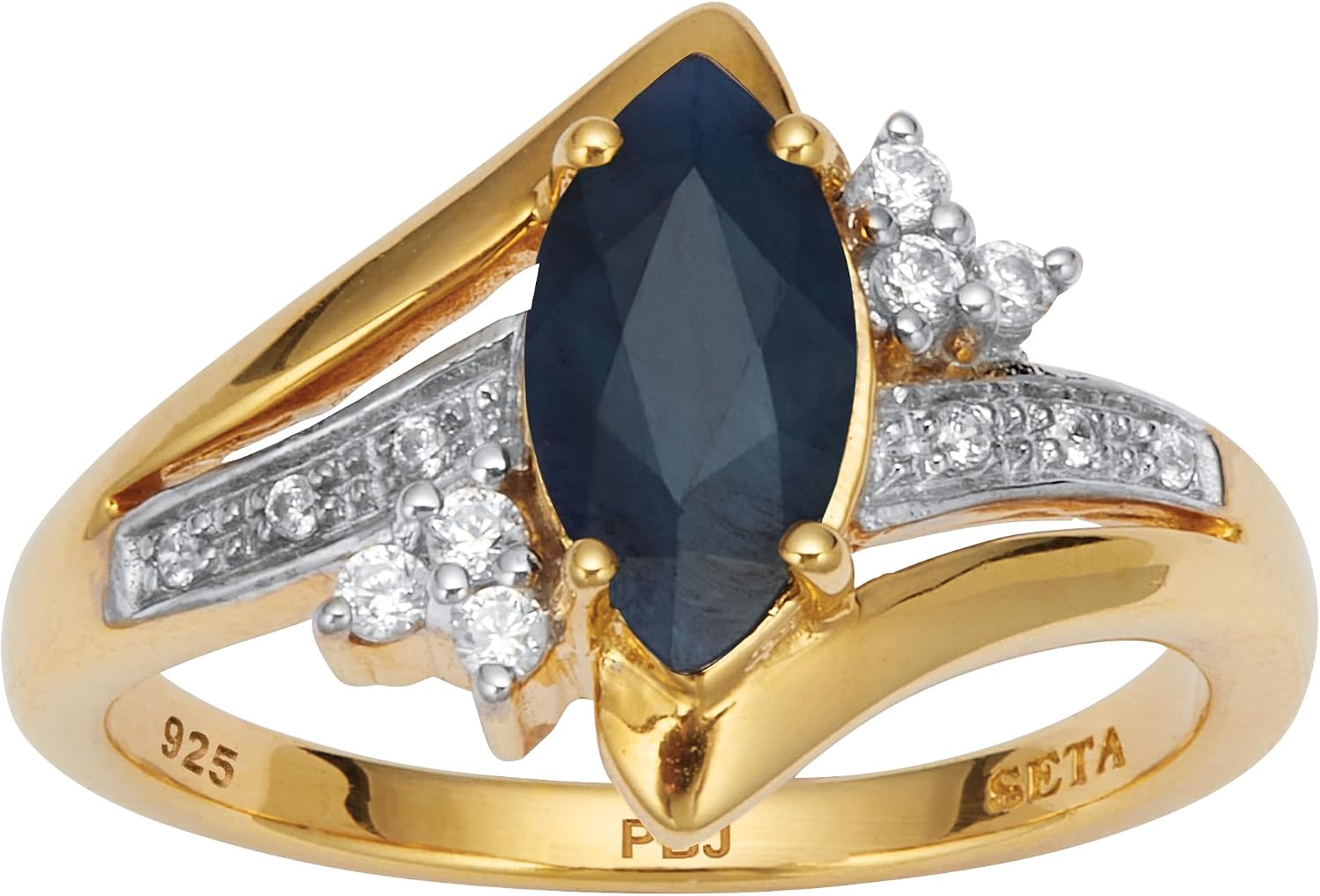 Palm Beach Jewelry Yellow Gold-plated Sterling Silver Marquise Cut Genuine Midnight Blue Sapphire and Round Cubic Zirconia Ring Sizes 5-10
