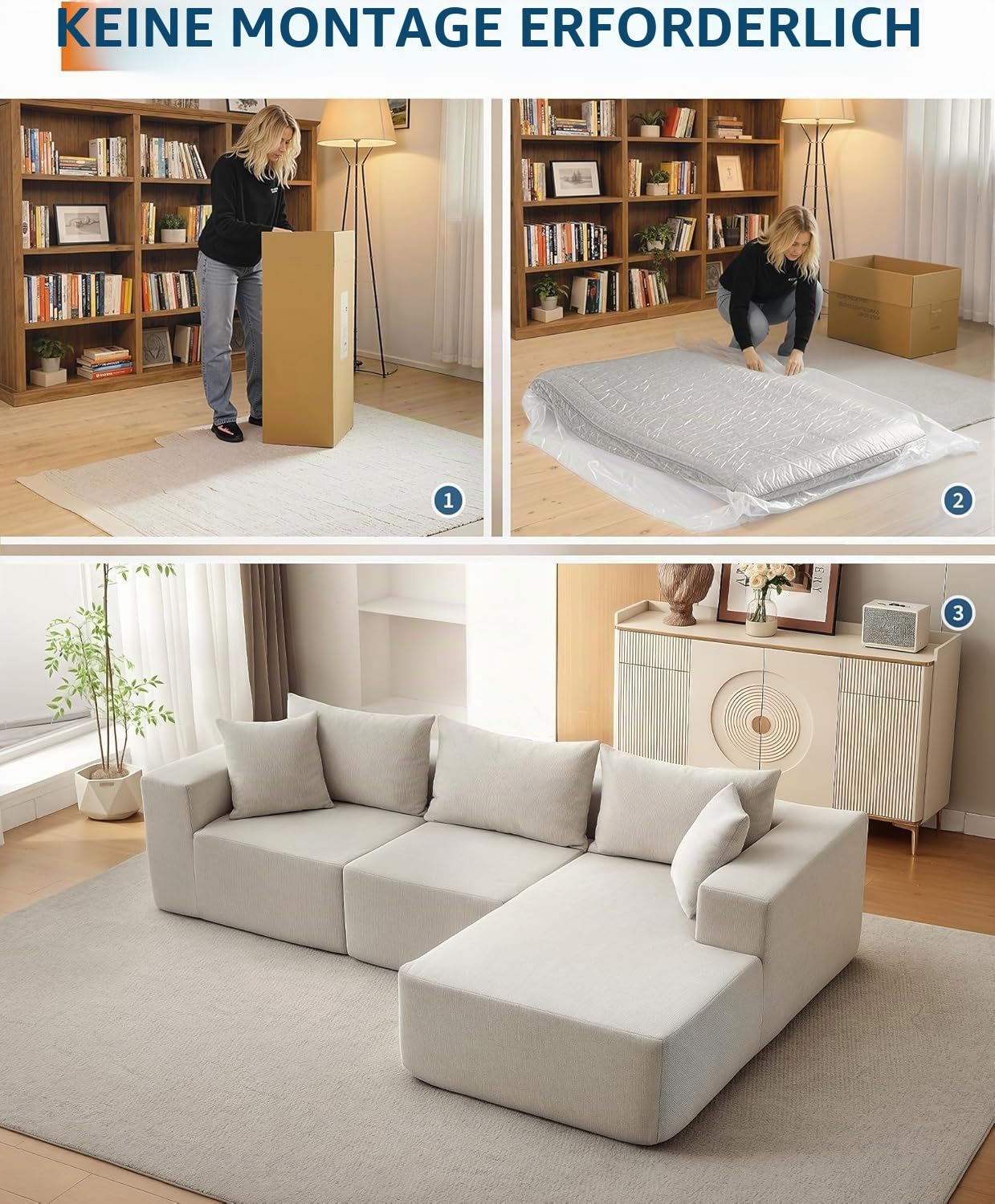 Acekool Ecksofa L-Form Schlafsofa 270 cm, aufbaufrei für Wohnzimmer