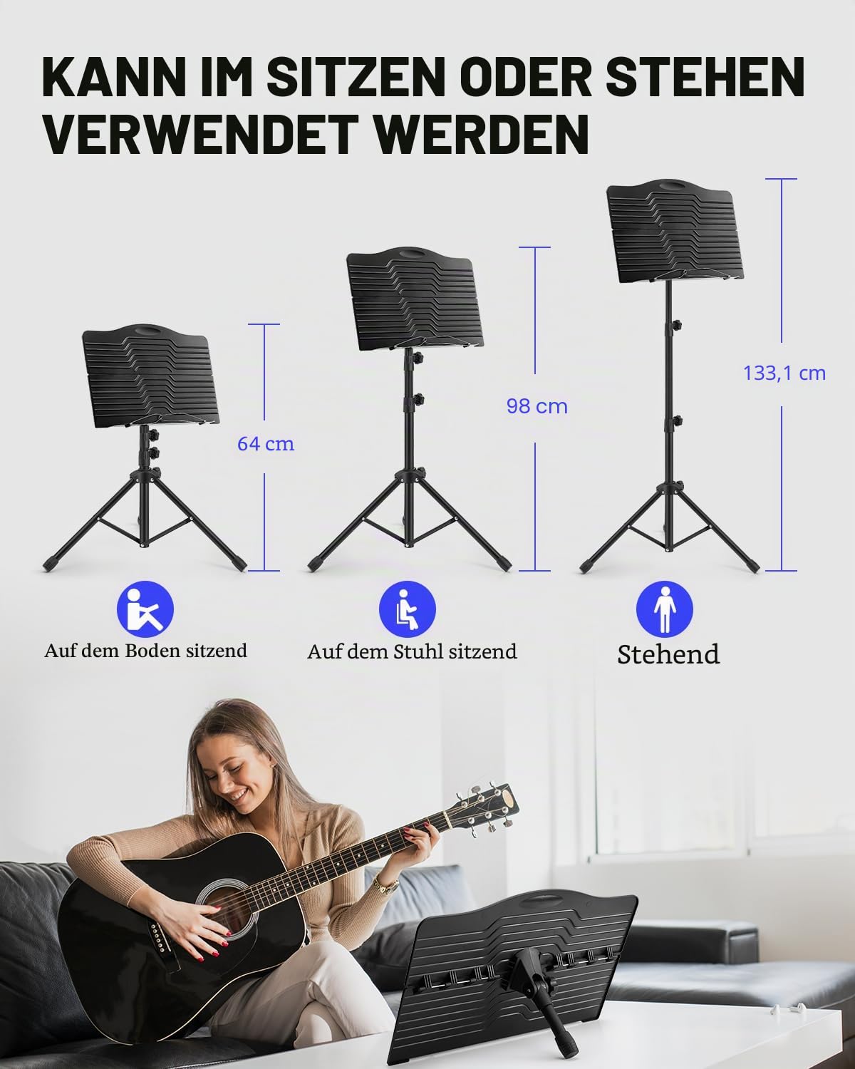 Donner Notenständer Faltbarer Reise-Metallständer Verstellbar DMS-1 mit Tragetasche, drehbares aufladbares Musiklicht und Clip-Halterung, tragbarer Projektorständer, Laptop-Ständer, Musikordner